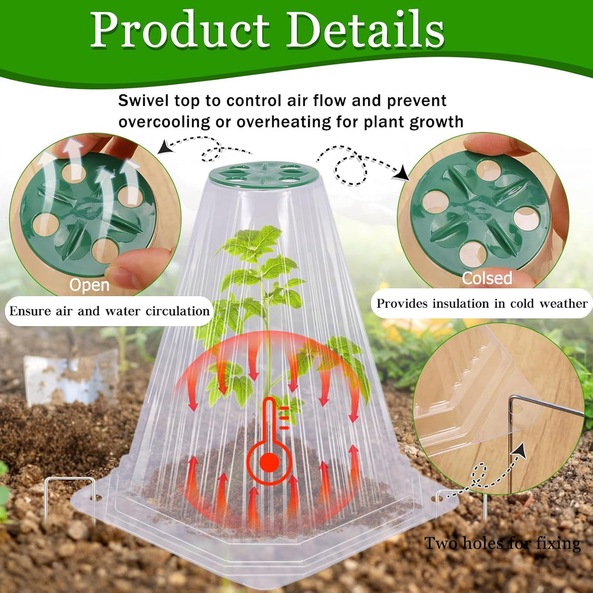20 Pack Garden Cloches for Plants with 40PCS Ground Stakes,Clear Reusable Bell Covers with Rotatable Vent for Plant Protection,Garden Protector from Animals Birds Chicken,7.9" H X 6.7" D