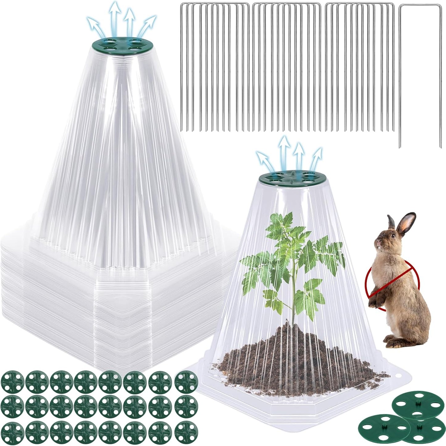 20 Pack Garden Cloches for Plants with 40PCS Ground Stakes,Clear Reusable Bell Covers with Rotatable Vent for Plant Protection,Garden Protector from Animals Birds Chicken,7.9" H X 6.7" D