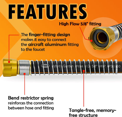 5/8 in. × 5 ft. High Flow Heavy Duty Garden Hose Flexible Hybrid Rubber Water Hose, No Memory Durable Premium Water Hose Leader Hose for Watering, Irrigation, Water Transfer Pump