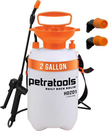 PetraTools HD201 Garden Pump Sprayer 2 Gallon, 52-in Long Hose & 2 Nozzles