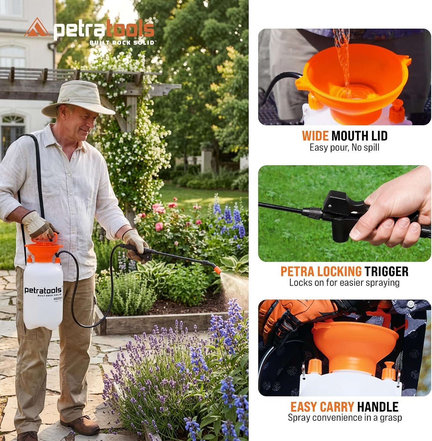 PetraTools HD201 Garden Pump Sprayer 2 Gallon, 52-in Long Hose & 2 Nozzles