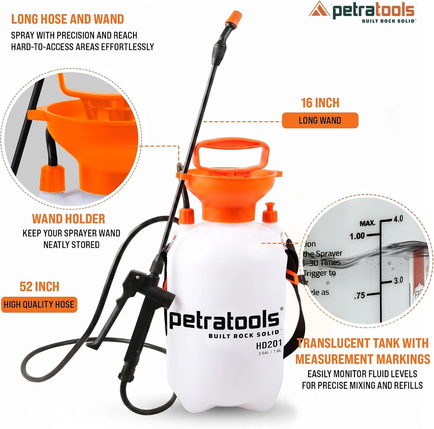 PetraTools HD201 Garden Pump Sprayer 2 Gallon, 52-in Long Hose & 2 Nozzles