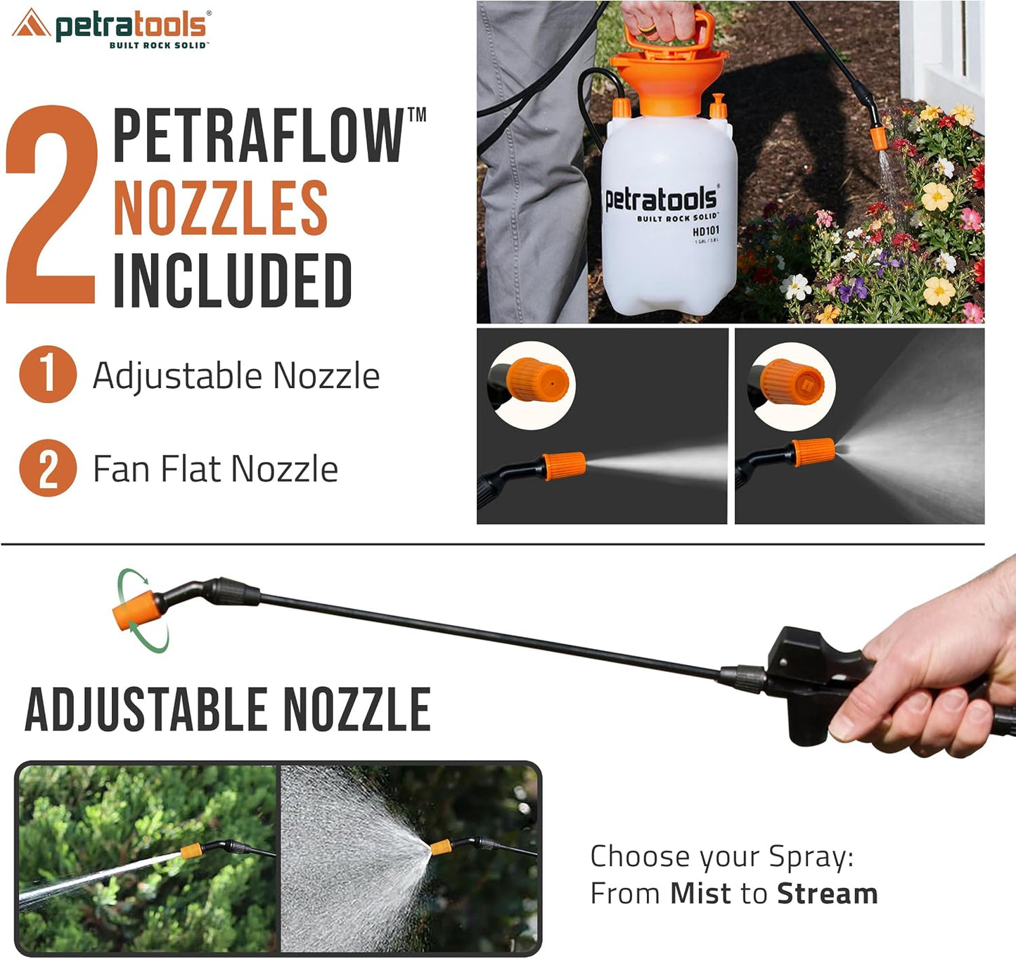 PetraTools HD201 Garden Pump Sprayer 2 Gallon, 52-in Long Hose & 2 Nozzles
