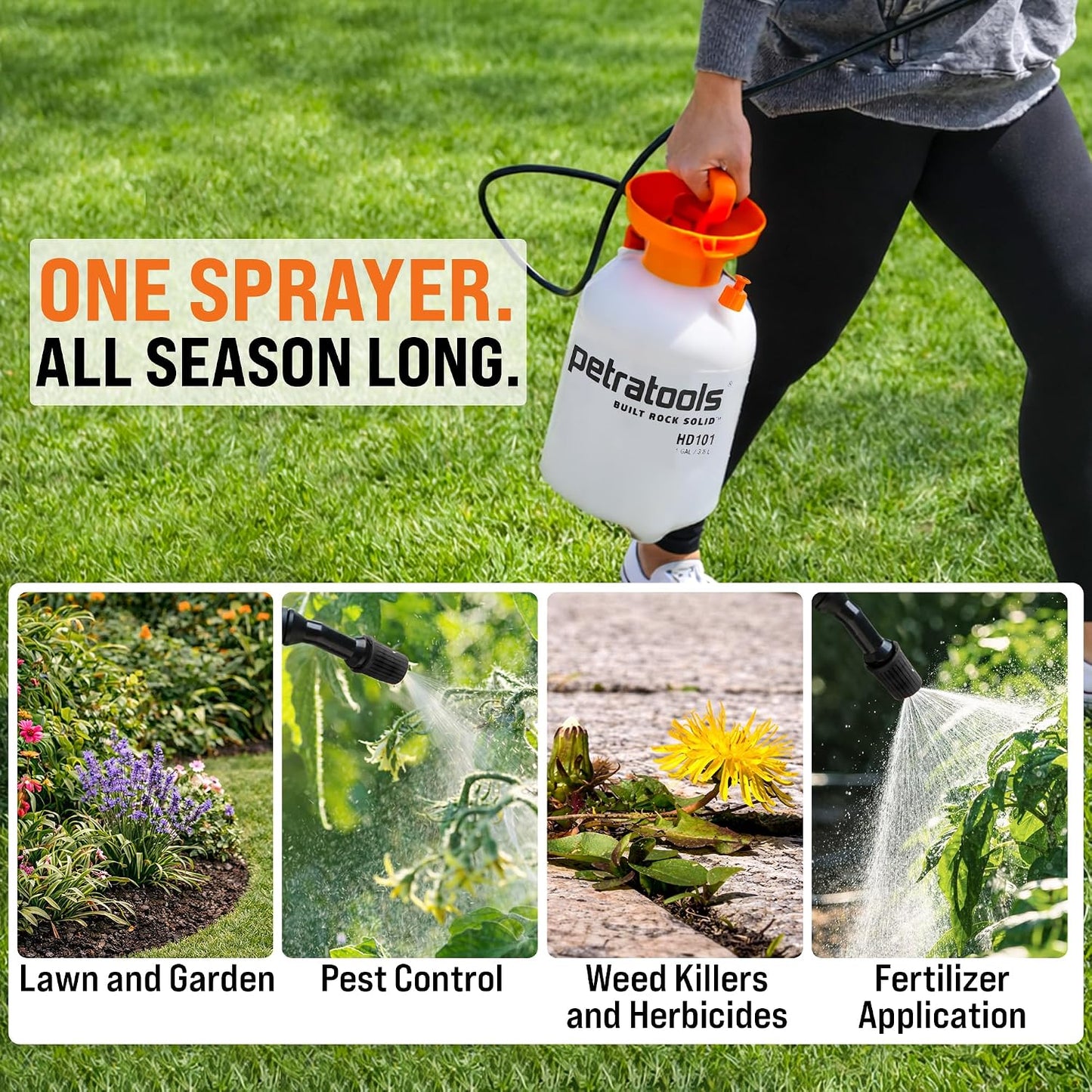 PetraTools HD201 Garden Pump Sprayer 2 Gallon, 52-in Long Hose & 2 Nozzles