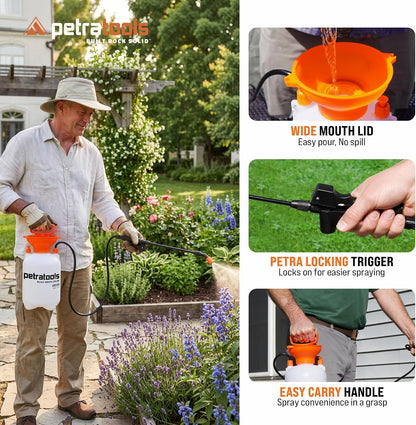 PetraTools HD201 Garden Pump Sprayer 2 Gallon, 52-in Long Hose & 2 Nozzles