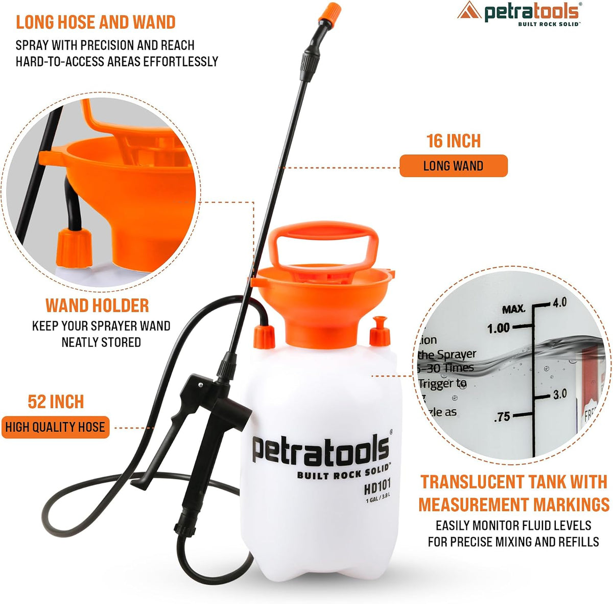 PetraTools HD201 Garden Pump Sprayer 2 Gallon, 52-in Long Hose & 2 Nozzles