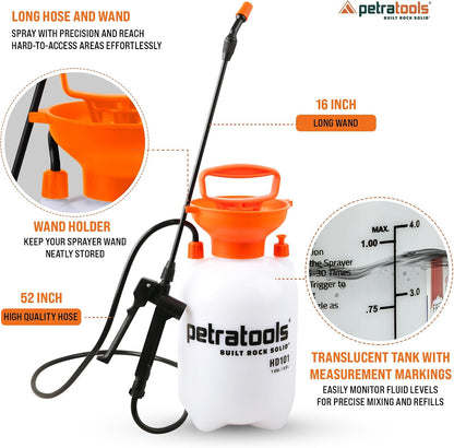 PetraTools HD201 Garden Pump Sprayer 2 Gallon, 52-in Long Hose & 2 Nozzles