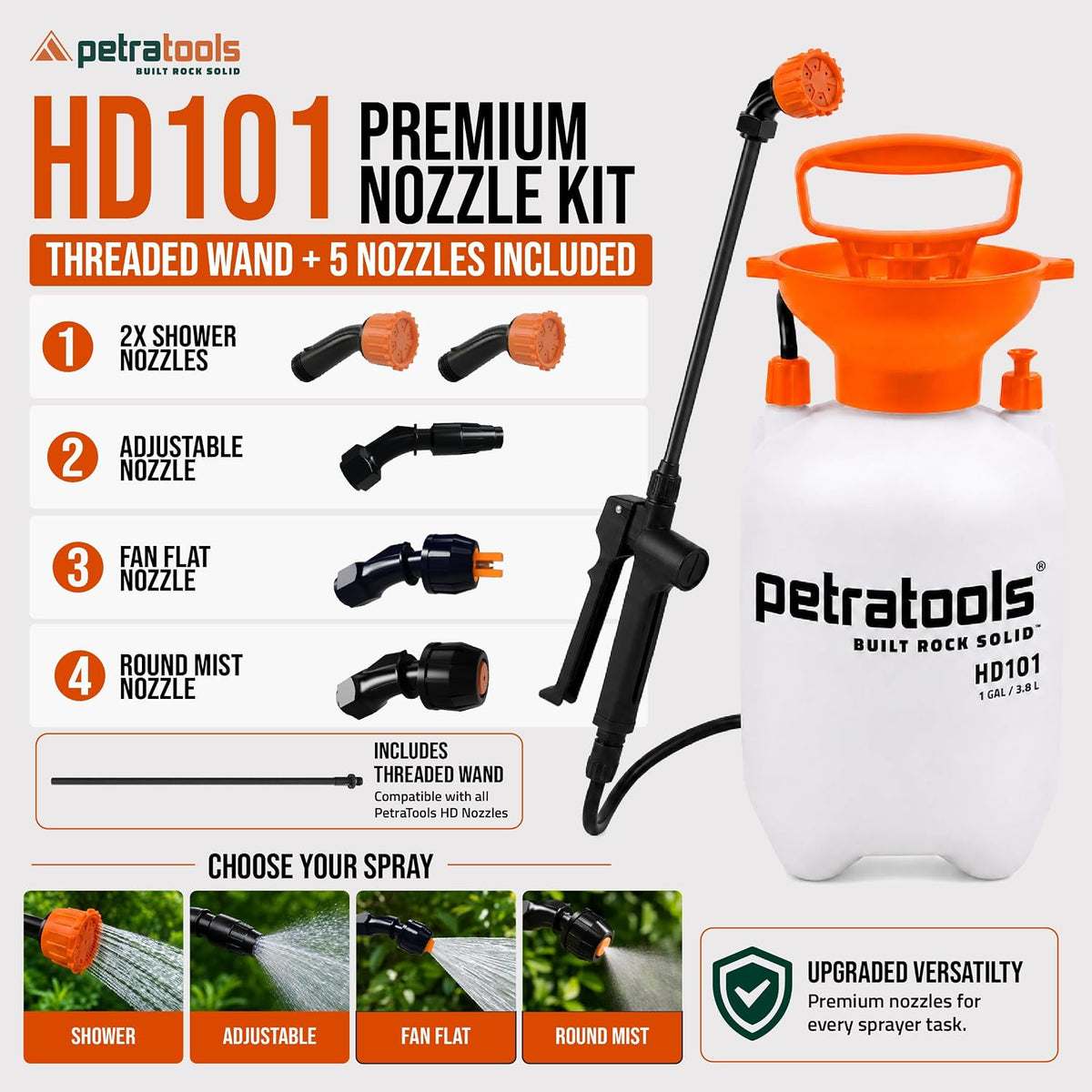 PetraTools HD201 Garden Pump Sprayer 2 Gallon, 52-in Long Hose & 2 Nozzles