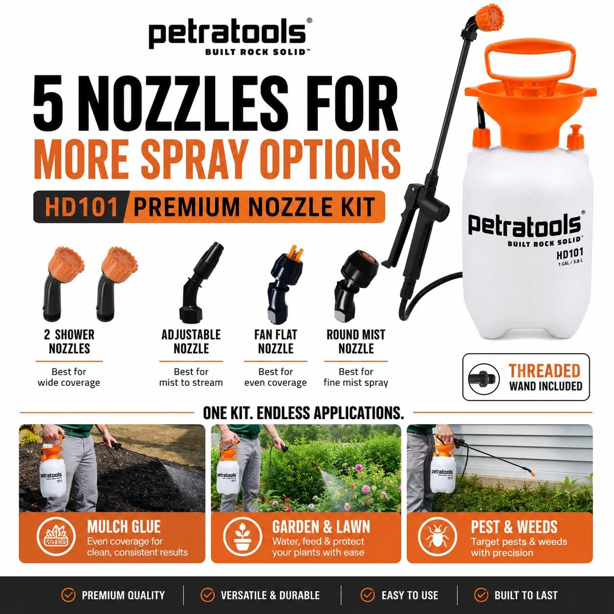 PetraTools HD201 Garden Pump Sprayer 2 Gallon, 52-in Long Hose & 2 Nozzles