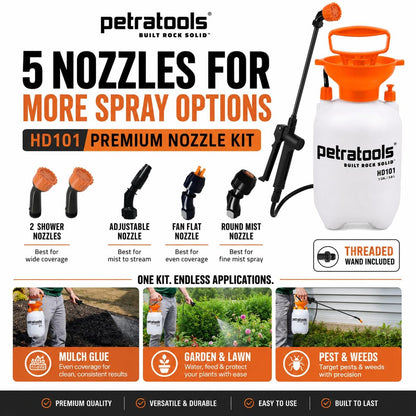 PetraTools HD201 Garden Pump Sprayer 2 Gallon, 52-in Long Hose & 2 Nozzles