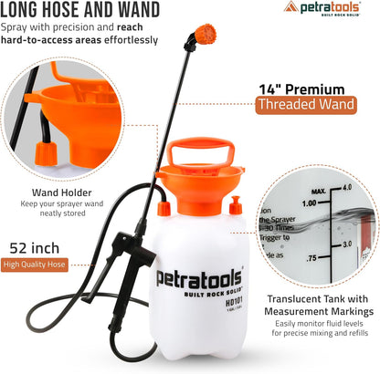 PetraTools HD201 Garden Pump Sprayer 2 Gallon, 52-in Long Hose & 2 Nozzles