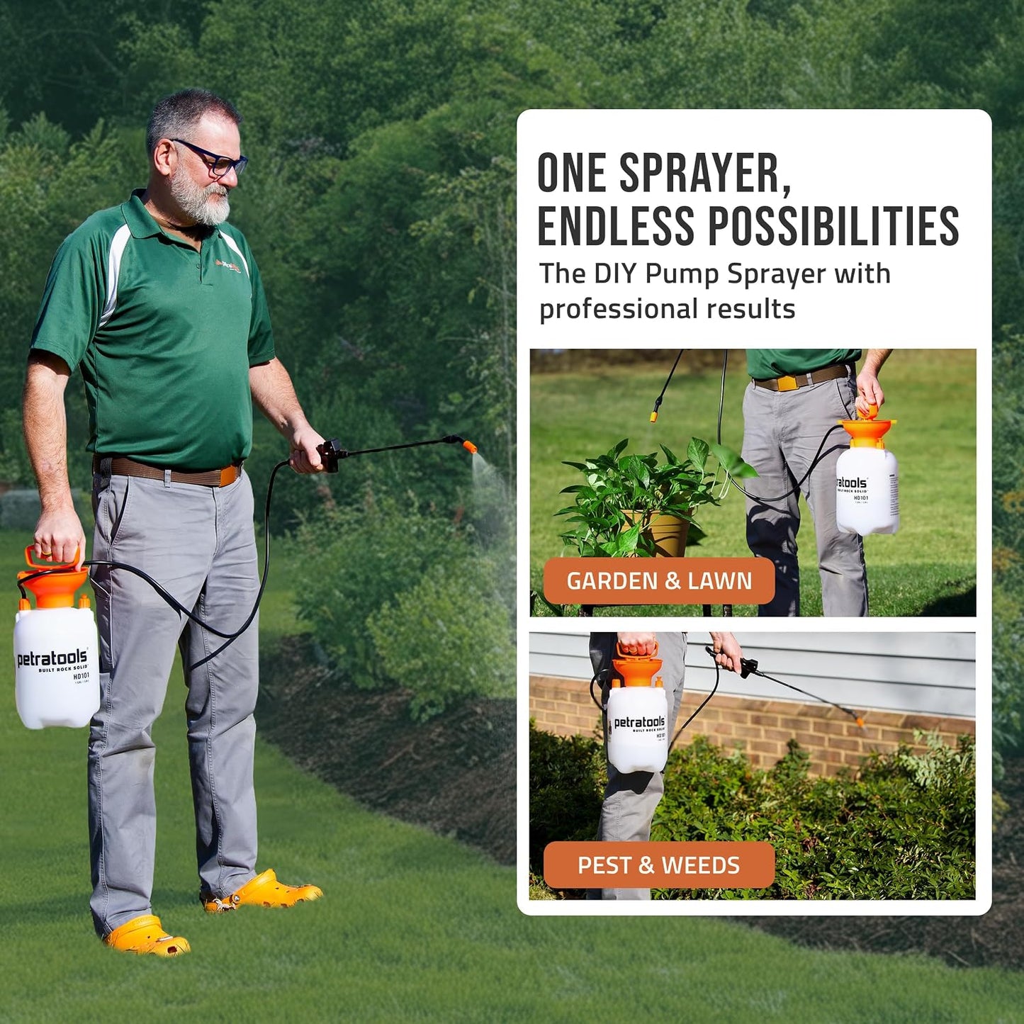 PetraTools HD201 Garden Pump Sprayer 2 Gallon, 52-in Long Hose & 2 Nozzles
