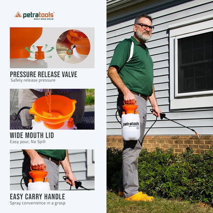 PetraTools HD201 Garden Pump Sprayer 2 Gallon, 52-in Long Hose & 2 Nozzles