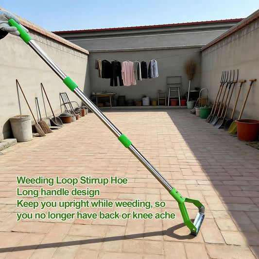 Stirrup Hoe, Mini Hollow Trapezoidal Head Carbon Steel Hand Forged, with Heat Treated for Weeding Loosening Soil Digging Planting in Gardens Lawns Greenhouses (Green)