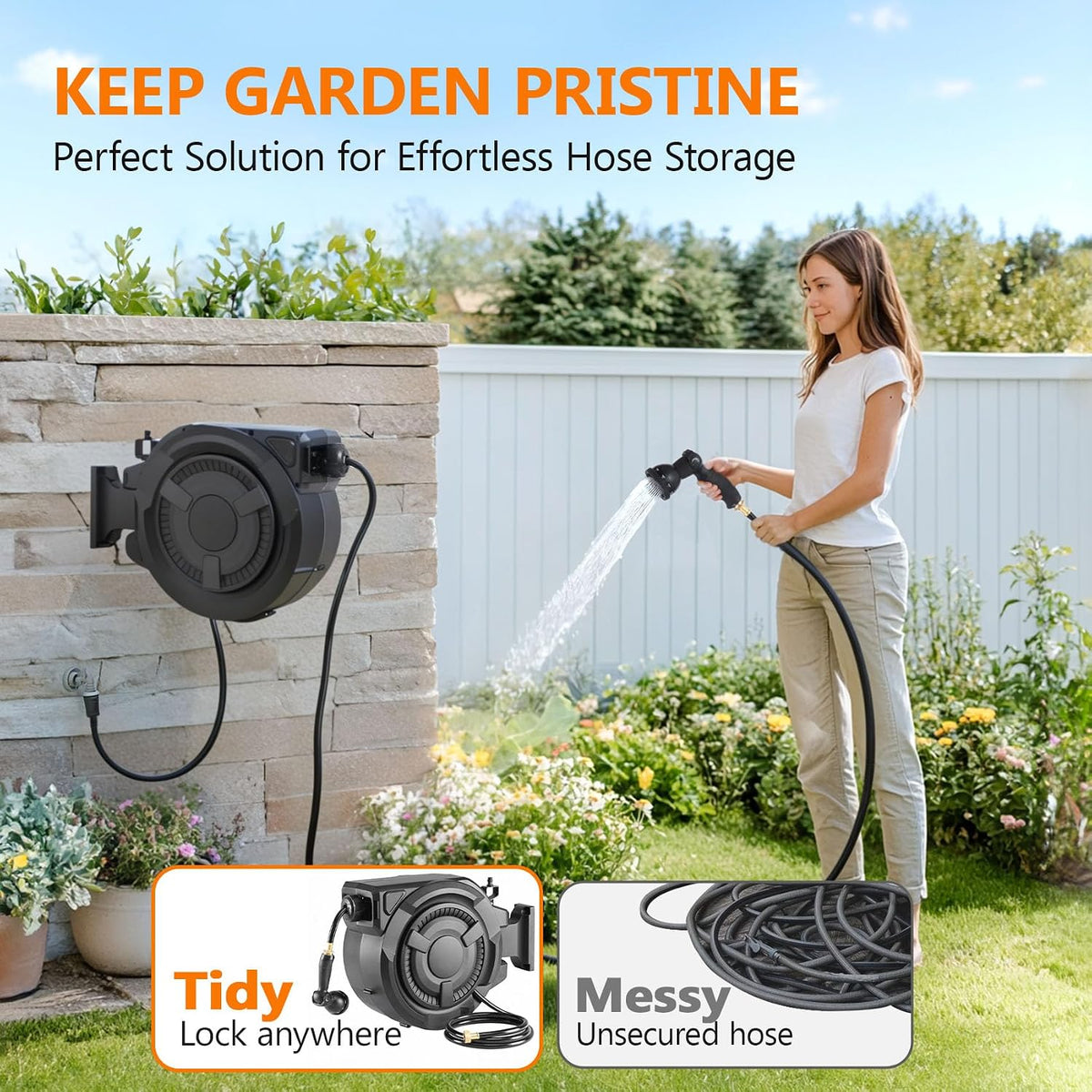 wikiwiki Retractable Garden Hose Reel 1/2 in x 100 ft, Heavy Duty Wall Mounted Hose Reel with 10- Function Sprayer Nozzle, Automatic Slow Return System/180°Swivel Bracket/UV Resistant (Black)