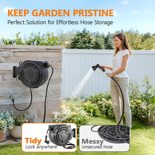 wikiwiki Retractable Garden Hose Reel 1/2 in x 100 ft, Heavy Duty Wall Mounted Hose Reel with 10- Function Sprayer Nozzle, Automatic Slow Return System/180°Swivel Bracket/UV Resistant (Black)