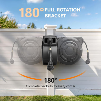 wikiwiki Retractable Garden Hose Reel 1/2 in x 100 ft, Heavy Duty Wall Mounted Hose Reel with 10- Function Sprayer Nozzle, Automatic Slow Return System/180°Swivel Bracket/UV Resistant (Black)