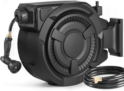 wikiwiki Retractable Garden Hose Reel 1/2 in x 100 ft, Heavy Duty Wall Mounted Hose Reel with 10- Function Sprayer Nozzle, Automatic Slow Return System/180°Swivel Bracket/UV Resistant (Black)
