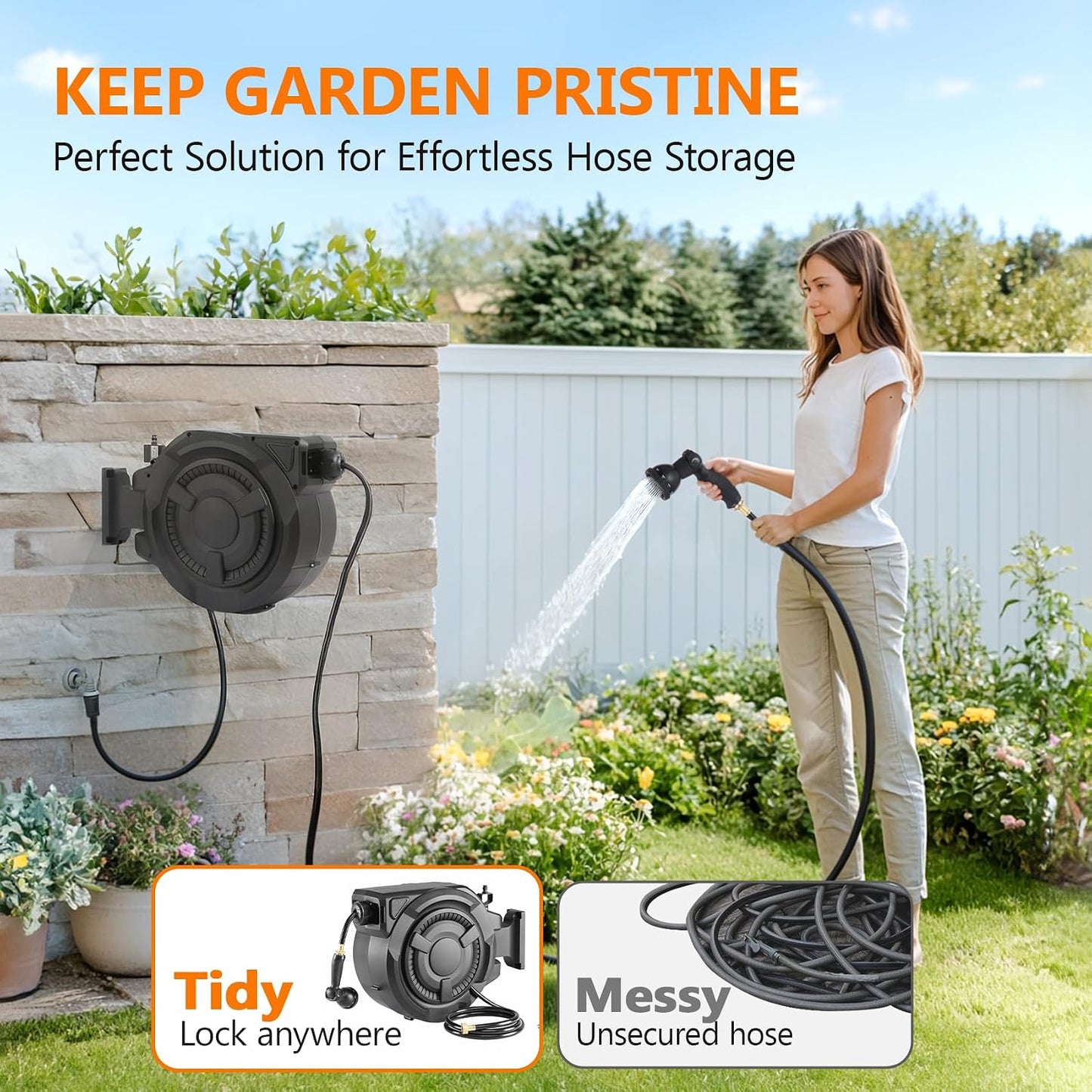 wikiwiki Retractable Garden Hose Reel 1/2 in x 100 ft, Heavy Duty Wall Mounted Hose Reel with 10- Function Sprayer Nozzle, Automatic Slow Return System/180°Swivel Bracket/UV Resistant (Black)