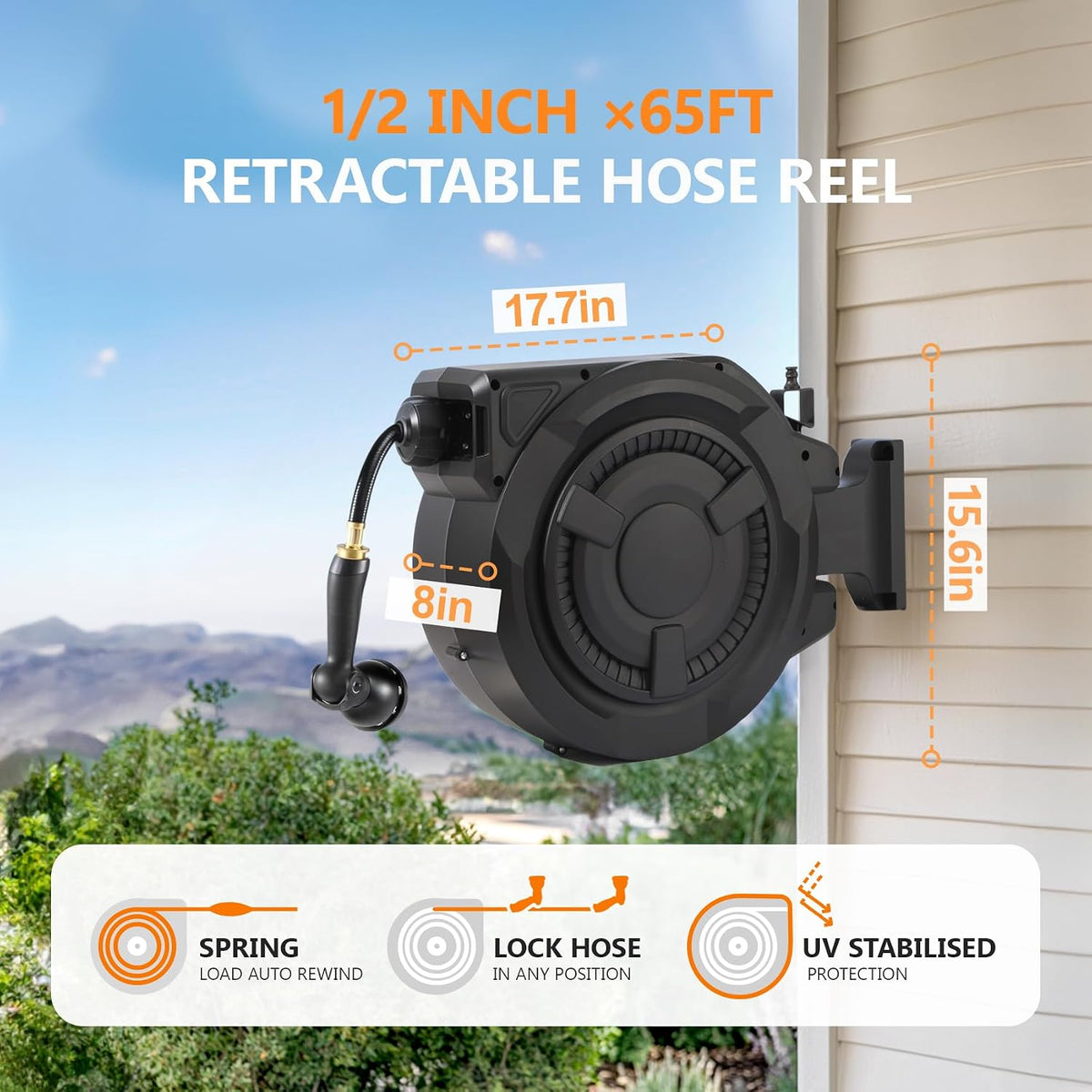 wikiwiki Retractable Garden Hose Reel 1/2 in x 100 ft, Heavy Duty Wall Mounted Hose Reel with 10- Function Sprayer Nozzle, Automatic Slow Return System/180°Swivel Bracket/UV Resistant (Black)