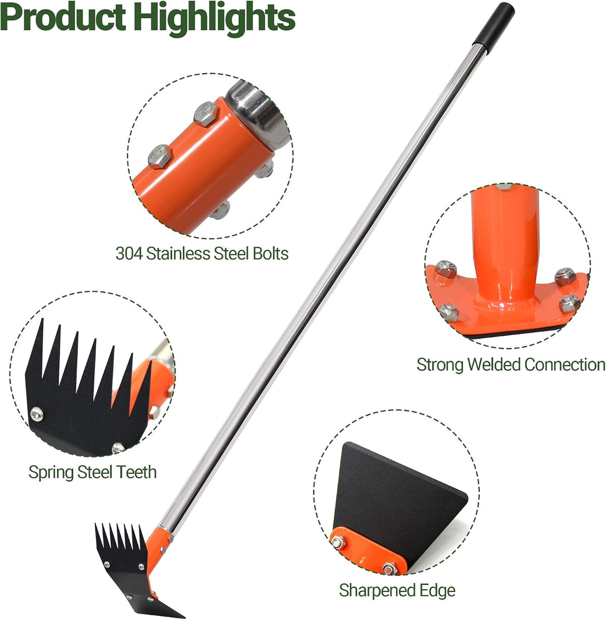 2-in-1 Garden Hoe and Weed Puller Rake 60 Inch Spring Steel Head