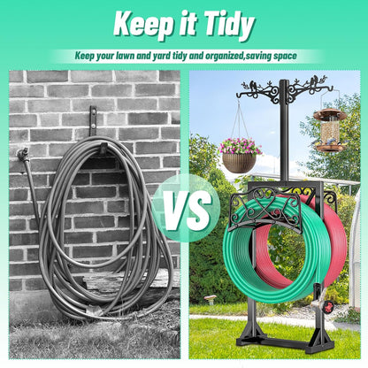 Garden Hose Holder for Outside,Water Hose Holders with 2 Bird Statue Shepherds Hooks & 5 Spikes,Double-Sided Freestanding Hose Stand Heavy Duty Hose Storage Rack for Outdoor Yard Lawn Farm