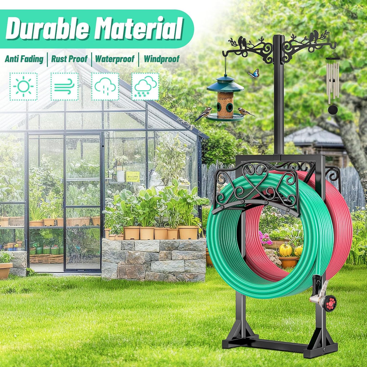 Garden Hose Holder for Outside,Water Hose Holders with 2 Bird Statue Shepherds Hooks & 5 Spikes,Double-Sided Freestanding Hose Stand Heavy Duty Hose Storage Rack for Outdoor Yard Lawn Farm