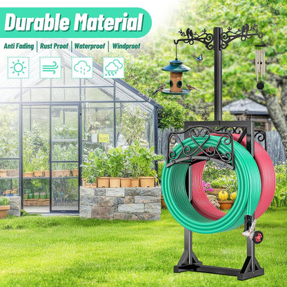 Garden Hose Holder for Outside,Water Hose Holders with 2 Bird Statue Shepherds Hooks & 5 Spikes,Double-Sided Freestanding Hose Stand Heavy Duty Hose Storage Rack for Outdoor Yard Lawn Farm