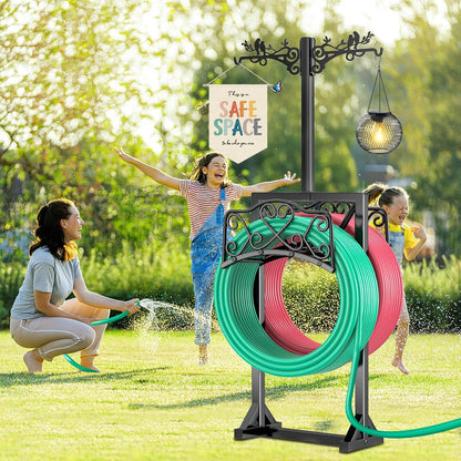 Garden Hose Holder for Outside,Water Hose Holders with 2 Bird Statue Shepherds Hooks & 5 Spikes,Double-Sided Freestanding Hose Stand Heavy Duty Hose Storage Rack for Outdoor Yard Lawn Farm