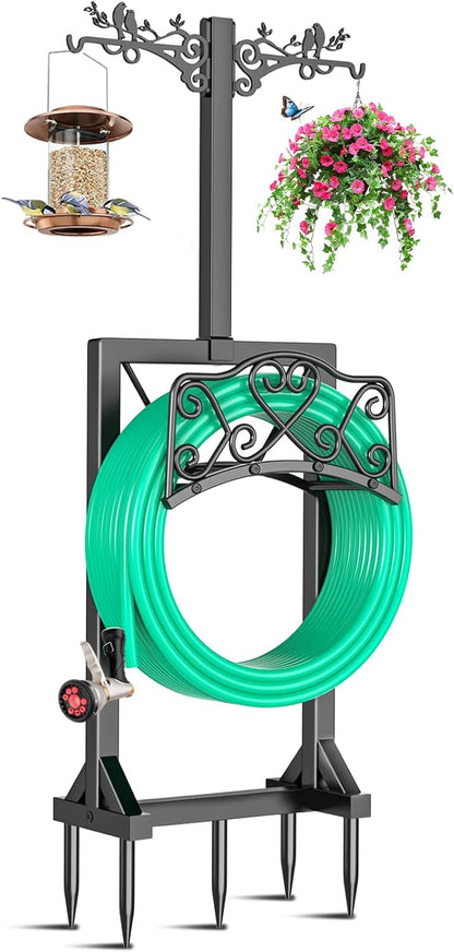 Garden Hose Holder for Outside,Water Hose Holders with 2 Bird Statue Shepherds Hooks & 5 Spikes,Double-Sided Freestanding Hose Stand Heavy Duty Hose Storage Rack for Outdoor Yard Lawn Farm