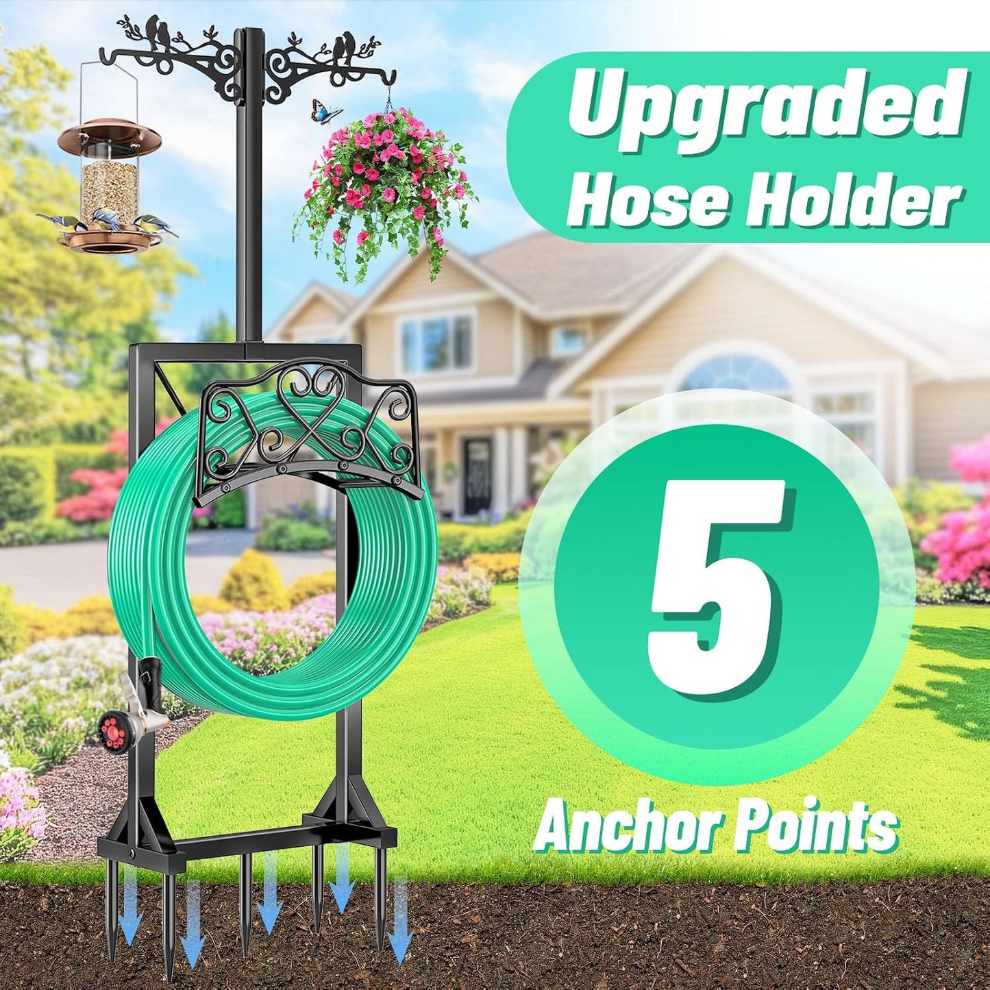 Garden Hose Holder for Outside,Water Hose Holders with 2 Bird Statue Shepherds Hooks & 5 Spikes,Double-Sided Freestanding Hose Stand Heavy Duty Hose Storage Rack for Outdoor Yard Lawn Farm