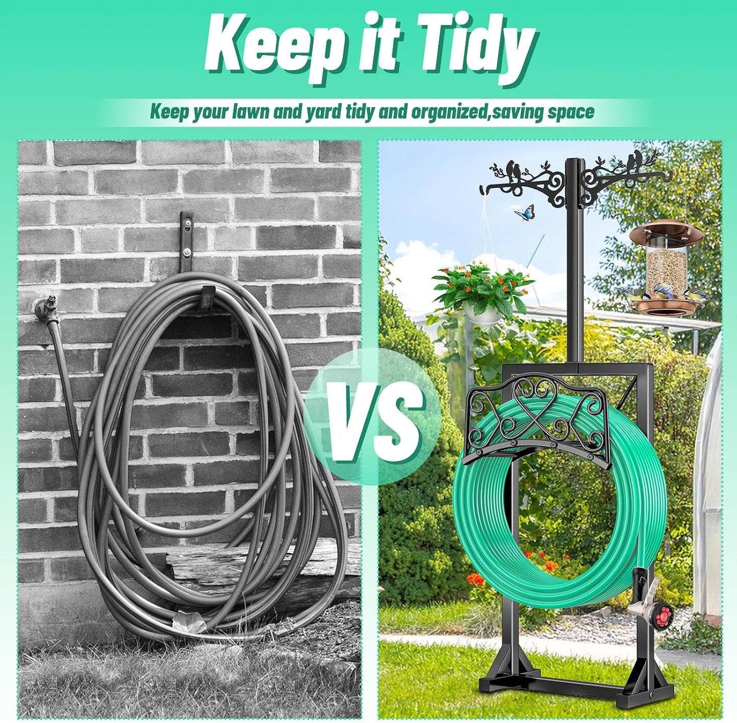 Garden Hose Holder for Outside,Water Hose Holders with 2 Bird Statue Shepherds Hooks & 5 Spikes,Double-Sided Freestanding Hose Stand Heavy Duty Hose Storage Rack for Outdoor Yard Lawn Farm