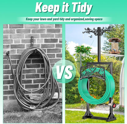 Garden Hose Holder for Outside,Water Hose Holders with 2 Bird Statue Shepherds Hooks & 5 Spikes,Double-Sided Freestanding Hose Stand Heavy Duty Hose Storage Rack for Outdoor Yard Lawn Farm