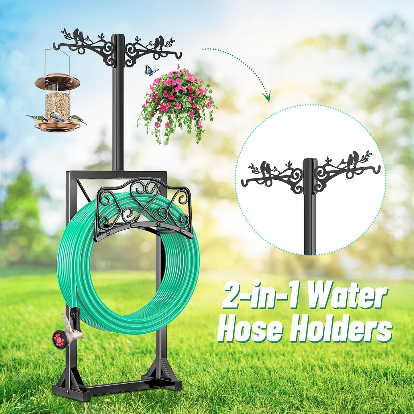 Garden Hose Holder for Outside,Water Hose Holders with 2 Bird Statue Shepherds Hooks & 5 Spikes,Double-Sided Freestanding Hose Stand Heavy Duty Hose Storage Rack for Outdoor Yard Lawn Farm