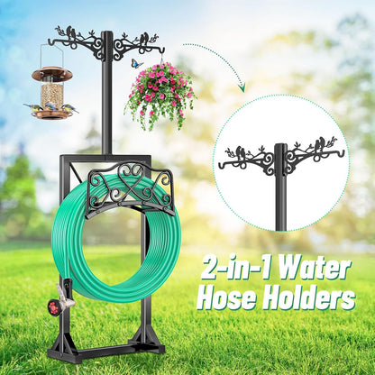 Garden Hose Holder for Outside,Water Hose Holders with 2 Bird Statue Shepherds Hooks & 5 Spikes,Double-Sided Freestanding Hose Stand Heavy Duty Hose Storage Rack for Outdoor Yard Lawn Farm