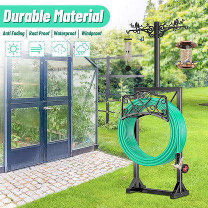 Garden Hose Holder for Outside,Water Hose Holders with 2 Bird Statue Shepherds Hooks & 5 Spikes,Double-Sided Freestanding Hose Stand Heavy Duty Hose Storage Rack for Outdoor Yard Lawn Farm