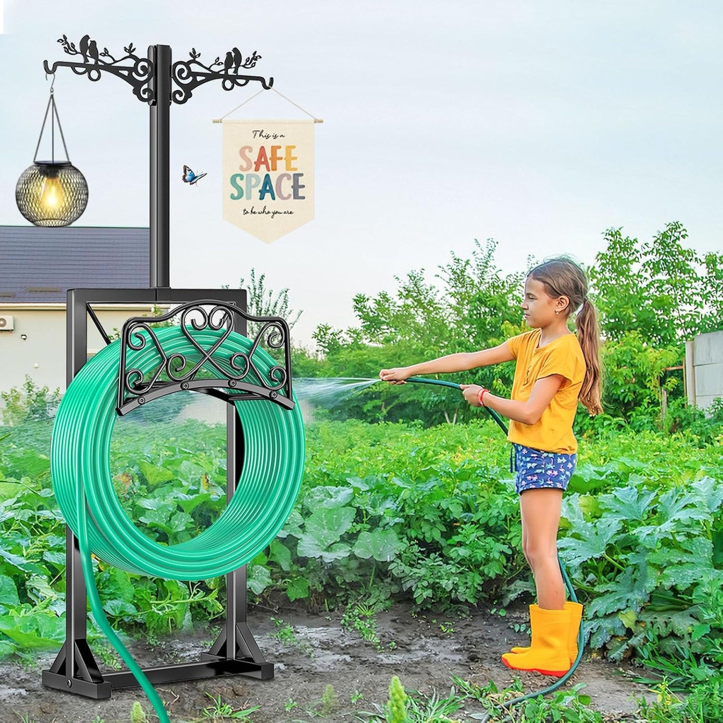 Garden Hose Holder for Outside,Water Hose Holders with 2 Bird Statue Shepherds Hooks & 5 Spikes,Double-Sided Freestanding Hose Stand Heavy Duty Hose Storage Rack for Outdoor Yard Lawn Farm