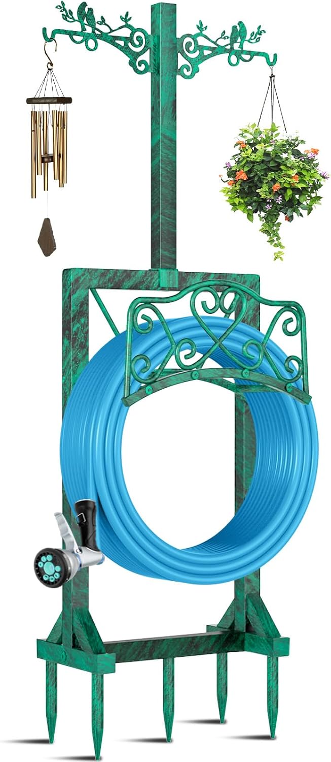 Garden Hose Holder for Outside,Water Hose Holders with 2 Bird Statue Shepherds Hooks & 5 Spikes,Double-Sided Freestanding Hose Stand Heavy Duty Hose Storage Rack for Outdoor Yard Lawn Farm
