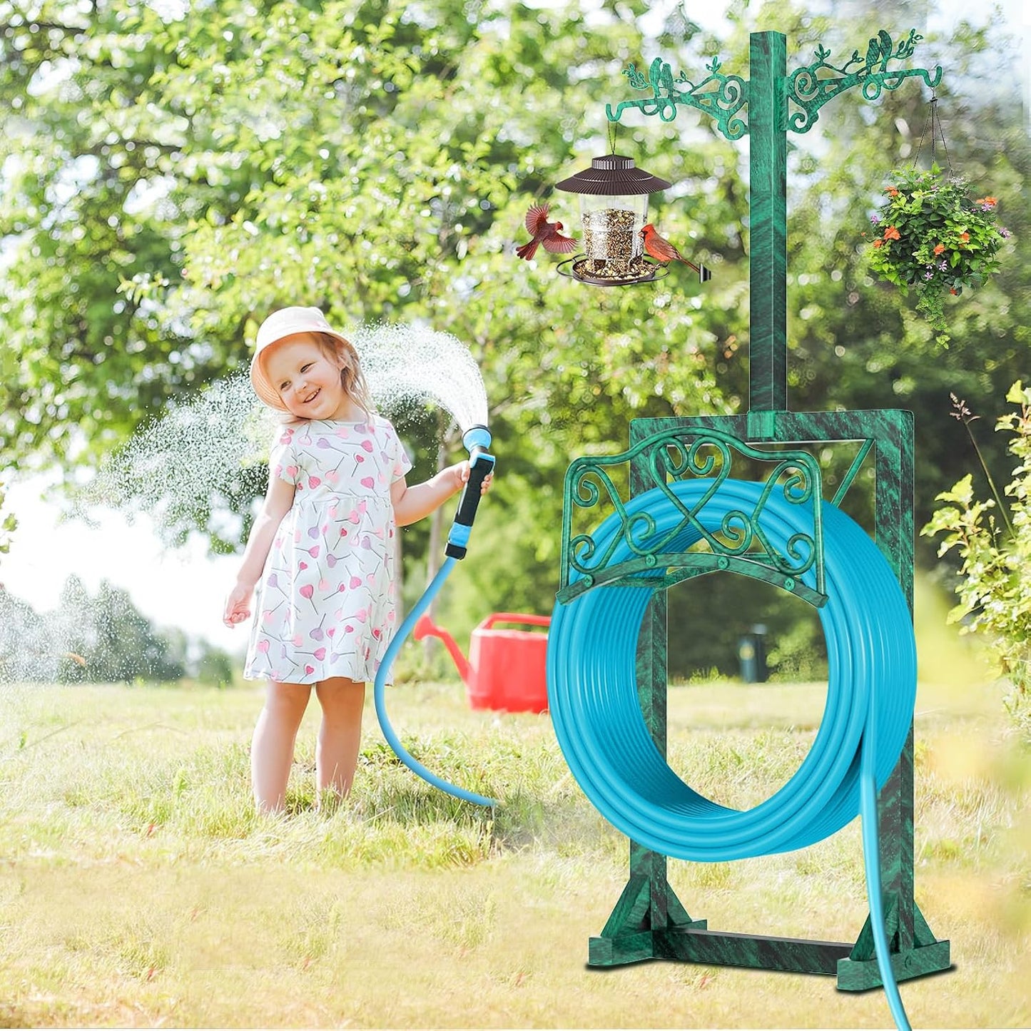 Garden Hose Holder for Outside,Water Hose Holders with 2 Bird Statue Shepherds Hooks & 5 Spikes,Double-Sided Freestanding Hose Stand Heavy Duty Hose Storage Rack for Outdoor Yard Lawn Farm