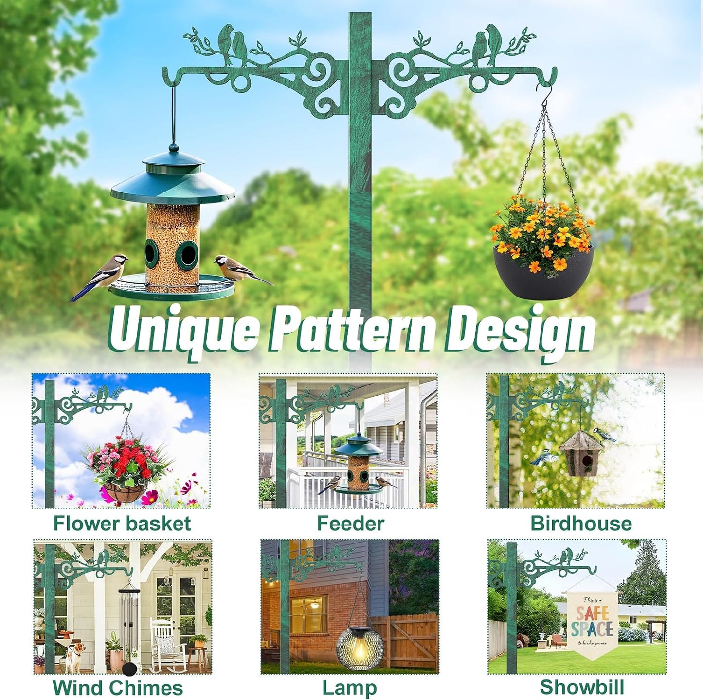 Garden Hose Holder for Outside,Water Hose Holders with 2 Bird Statue Shepherds Hooks & 5 Spikes,Double-Sided Freestanding Hose Stand Heavy Duty Hose Storage Rack for Outdoor Yard Lawn Farm