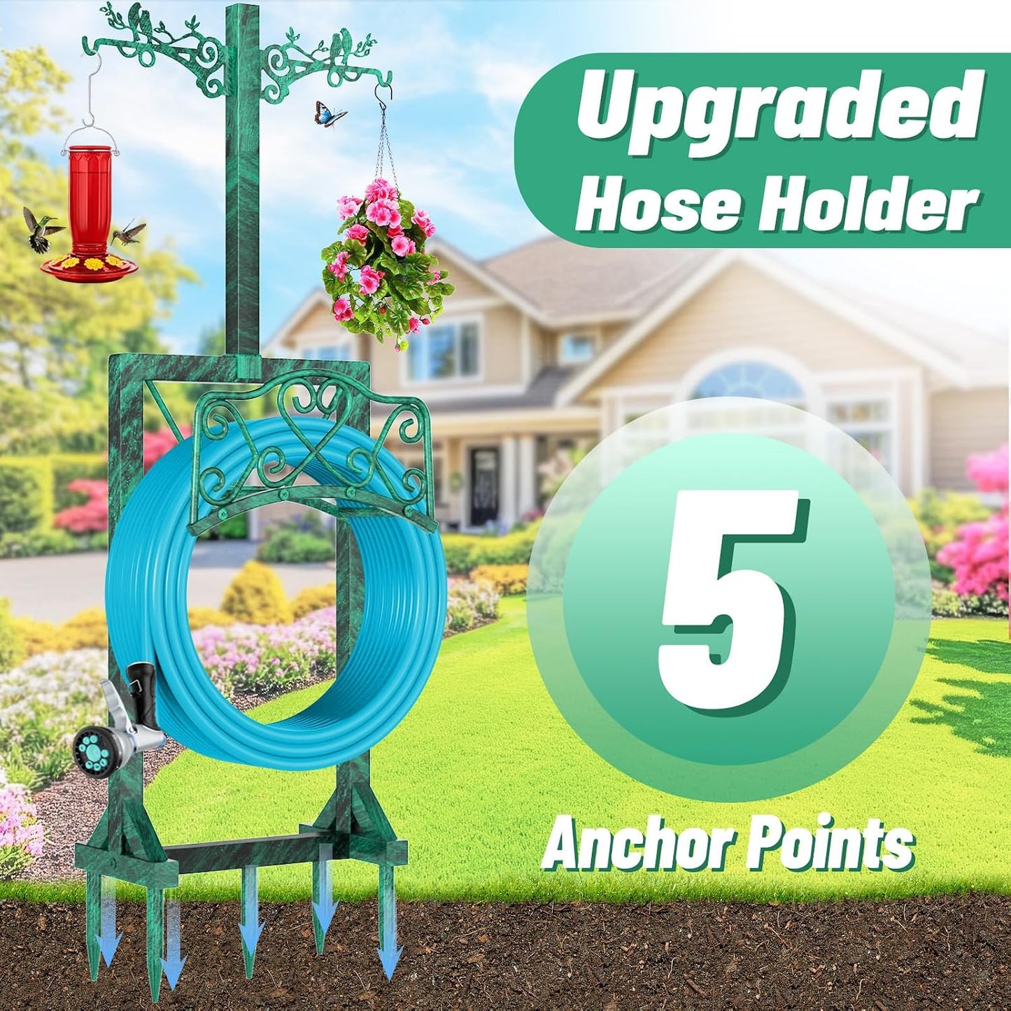 Garden Hose Holder for Outside,Water Hose Holders with 2 Bird Statue Shepherds Hooks & 5 Spikes,Double-Sided Freestanding Hose Stand Heavy Duty Hose Storage Rack for Outdoor Yard Lawn Farm