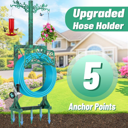 Garden Hose Holder for Outside,Water Hose Holders with 2 Bird Statue Shepherds Hooks & 5 Spikes,Double-Sided Freestanding Hose Stand Heavy Duty Hose Storage Rack for Outdoor Yard Lawn Farm