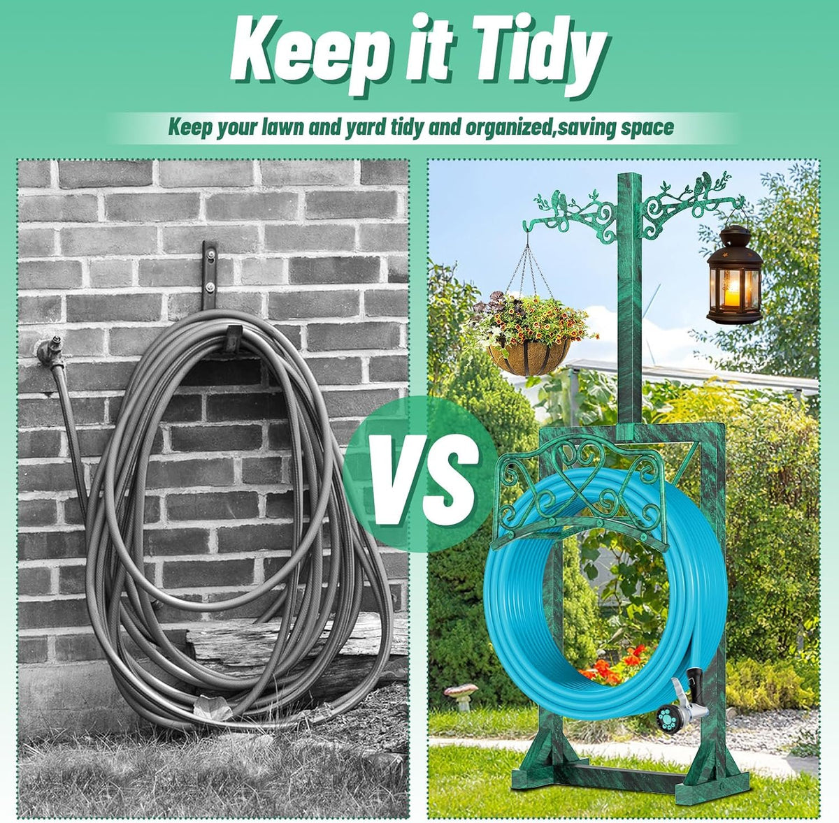 Garden Hose Holder for Outside,Water Hose Holders with 2 Bird Statue Shepherds Hooks & 5 Spikes,Double-Sided Freestanding Hose Stand Heavy Duty Hose Storage Rack for Outdoor Yard Lawn Farm
