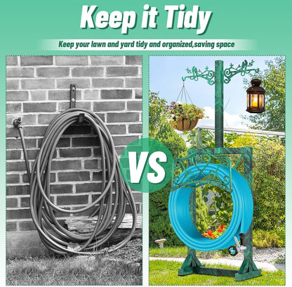 Garden Hose Holder for Outside,Water Hose Holders with 2 Bird Statue Shepherds Hooks & 5 Spikes,Double-Sided Freestanding Hose Stand Heavy Duty Hose Storage Rack for Outdoor Yard Lawn Farm