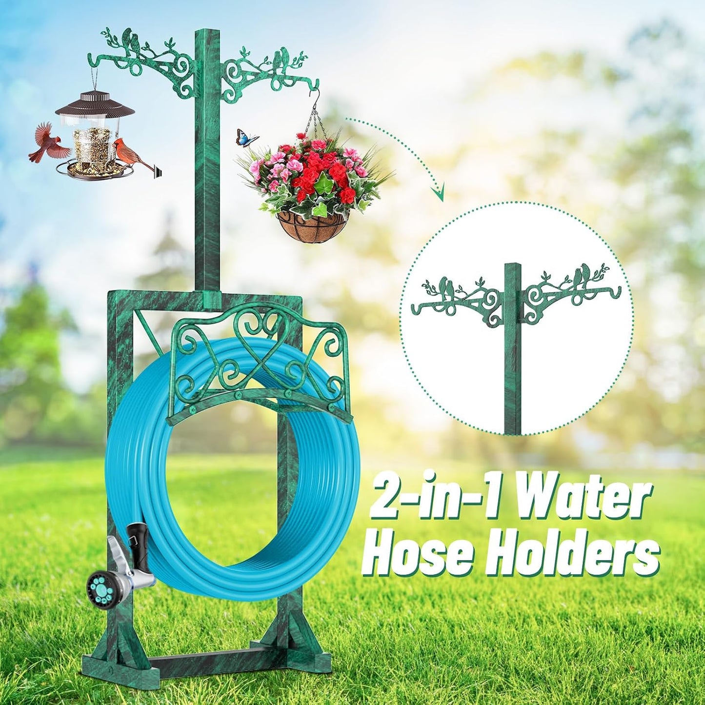 Garden Hose Holder for Outside,Water Hose Holders with 2 Bird Statue Shepherds Hooks & 5 Spikes,Double-Sided Freestanding Hose Stand Heavy Duty Hose Storage Rack for Outdoor Yard Lawn Farm