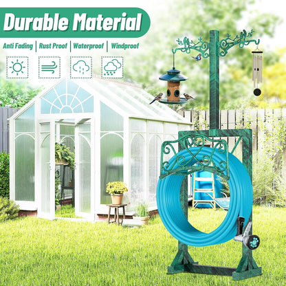 Garden Hose Holder for Outside,Water Hose Holders with 2 Bird Statue Shepherds Hooks & 5 Spikes,Double-Sided Freestanding Hose Stand Heavy Duty Hose Storage Rack for Outdoor Yard Lawn Farm