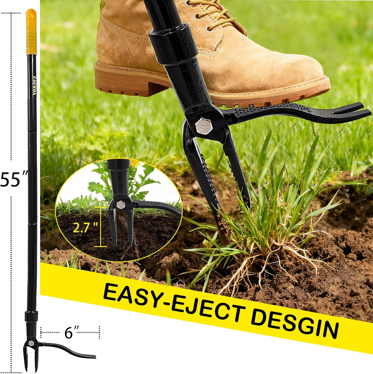 55-Inch Stand Up Weed Puller Tool, 4-Claw Steel Head Design, Long Handle for Dandelions and Crabgrass