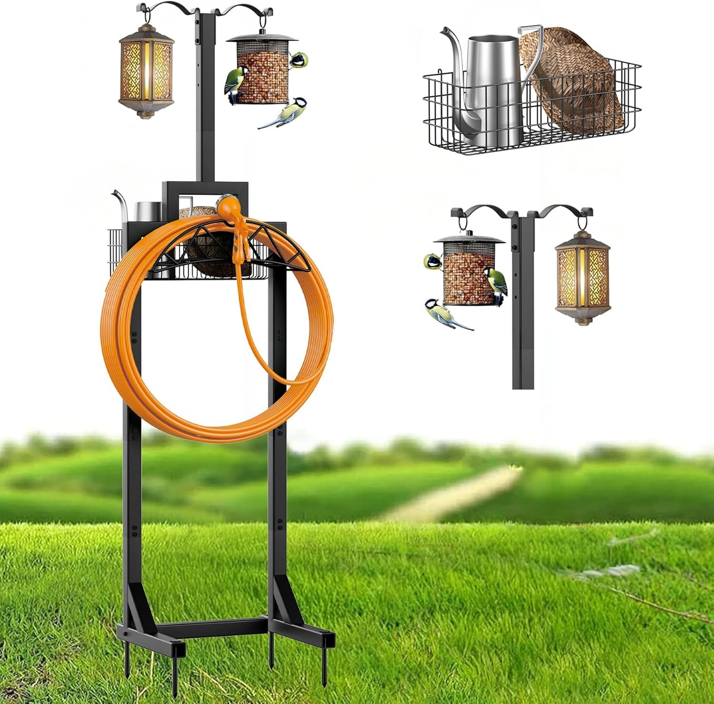 Garden Hose Holder, Water Hose Holders for Outside with Storage Basket & 2 Shepherds Hooks, Detachable Garden Hose Holder Freestanding, Heavy Duty Hose Holder Supports 150ft Hoses