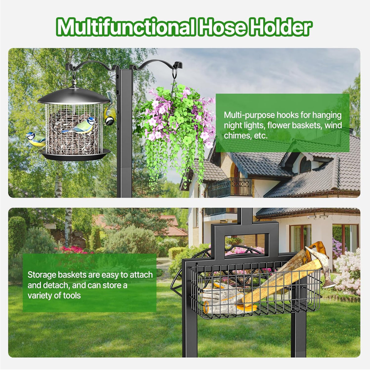 Garden Hose Holder, Water Hose Holders for Outside with Storage Basket & 2 Shepherds Hooks, Detachable Garden Hose Holder Freestanding, Heavy Duty Hose Holder Supports 150ft Hoses