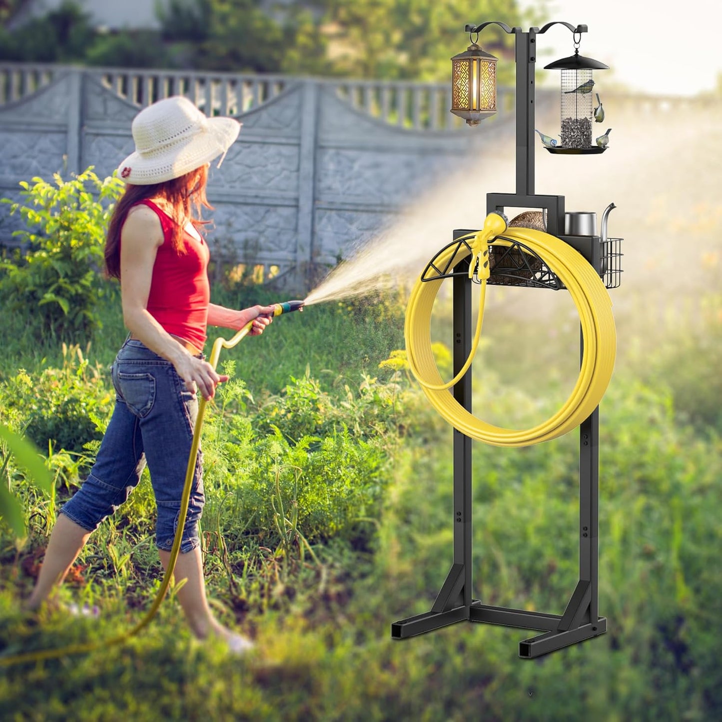 Garden Hose Holder, Water Hose Holders for Outside with Storage Basket & 2 Shepherds Hooks, Detachable Garden Hose Holder Freestanding, Heavy Duty Hose Holder Supports 150ft Hoses